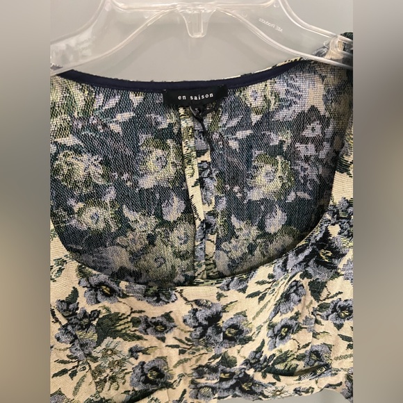 NEW En Saison Jacquard vintage fall floral green blue crop blouse - Picture 5 of 10